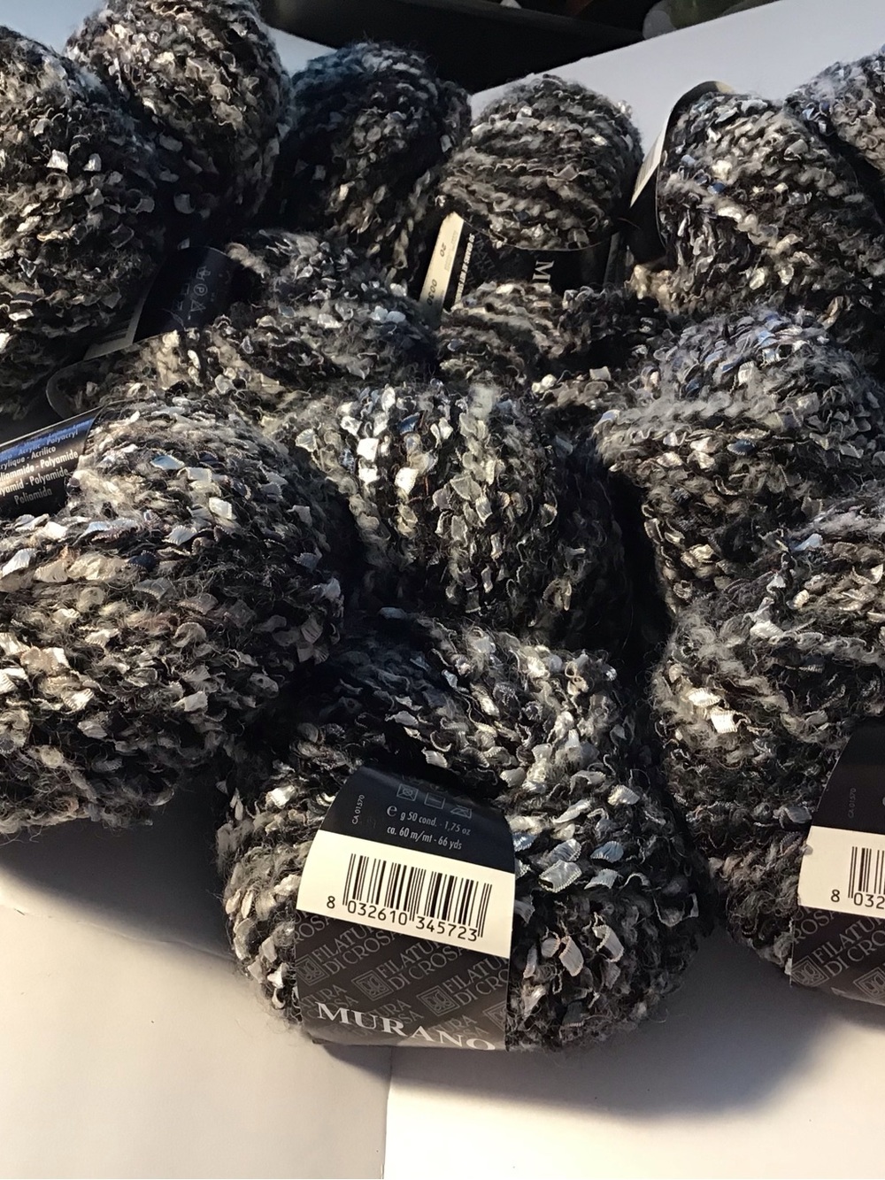 Filaturo di Crosa Murano Black, Gray & White Bouclé Yarn - 14 Skeins Textured